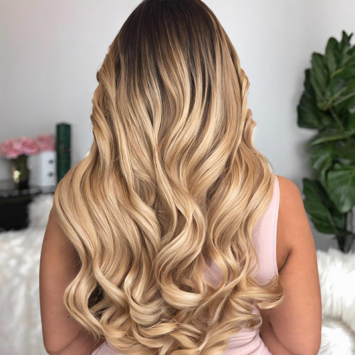 Long balayage blonde over a deep shadow root