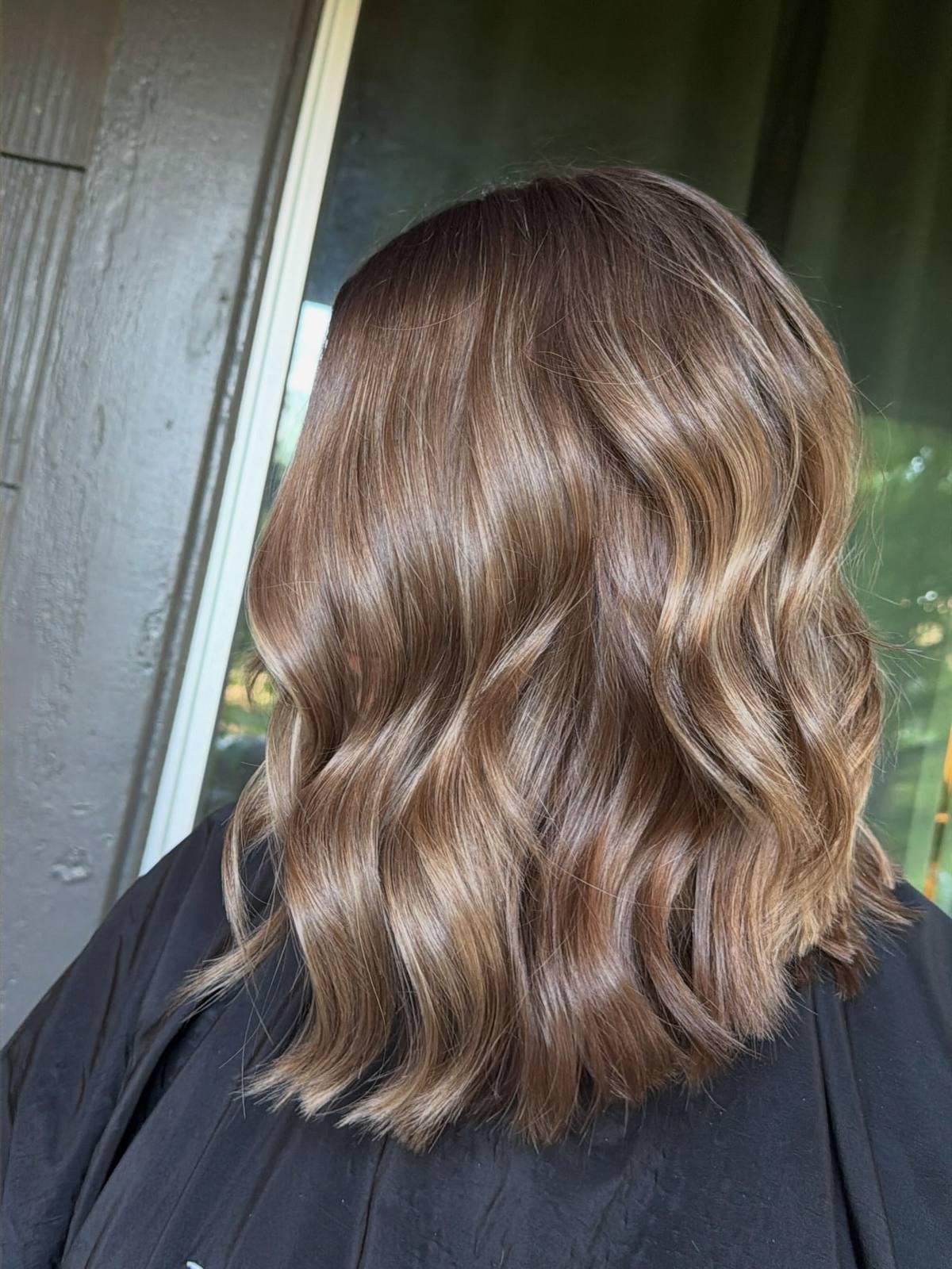 Dimensional blonde balayage lob with soft waves, Fort Worth